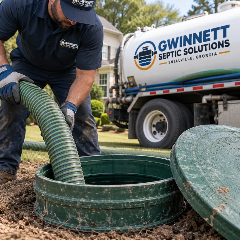 Septic tank access riser and lid at ground level with a vacuum hose positioned nearby