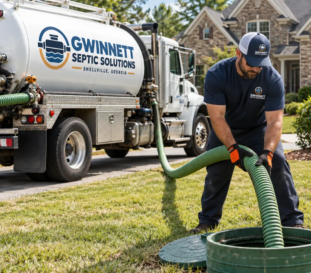 Vacuum pump truck and technician setting up a hose at a residential septic tank access riser